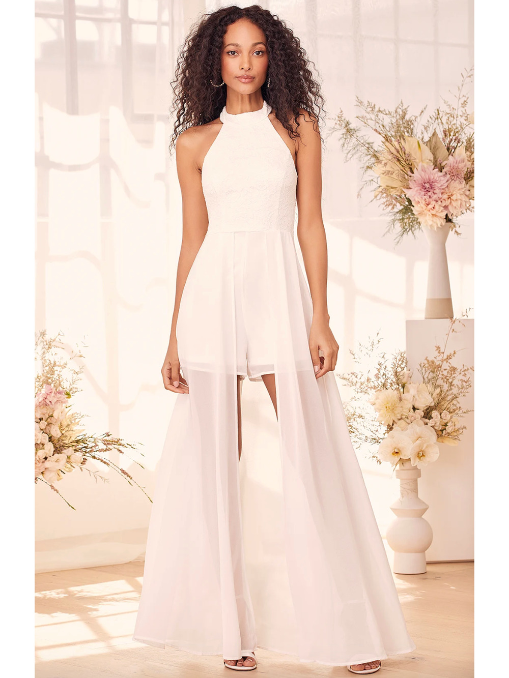 Lulus Love Speaks White Lace Halter Maxi Romper Wedding Bridal Large NWT